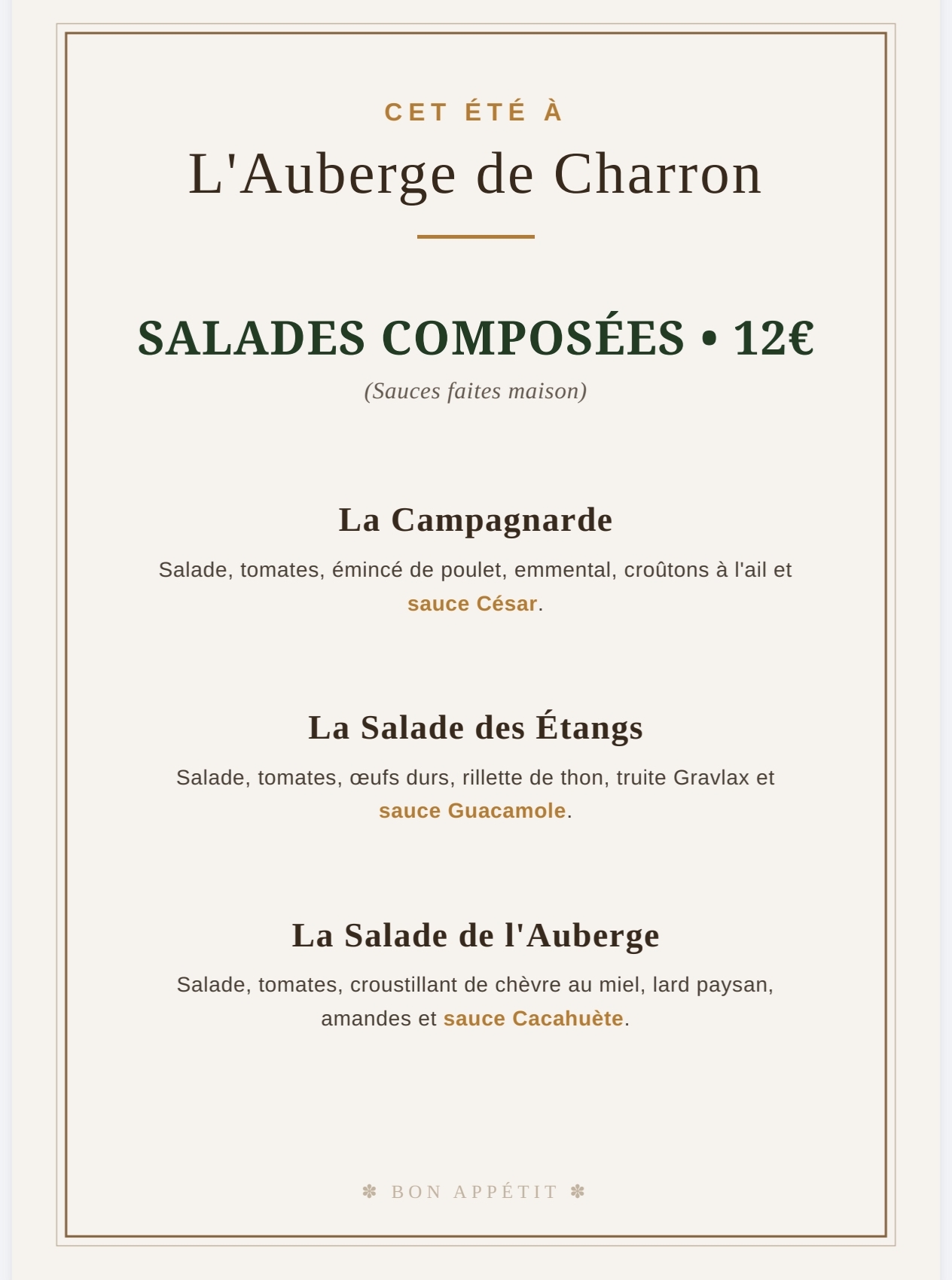Photo de la carte des salades de l'Auberge de Charron