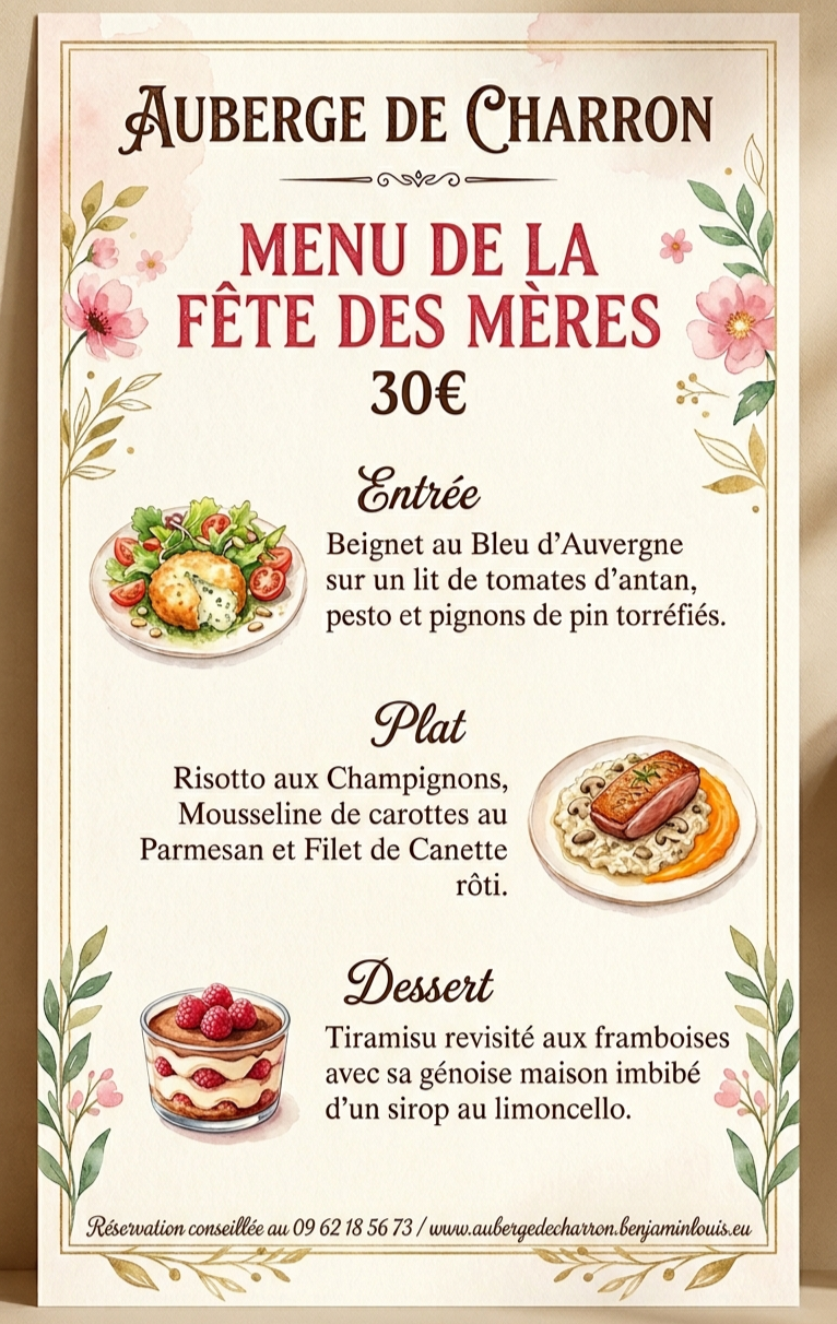 Photo de l'affiche présentant le menu de la fête des Mères Dimanche 31 mai 2026 à l'Auberge de Charron